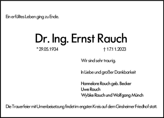 Traueranzeige von Ernst Rauch von Rüsselsheimer Echo