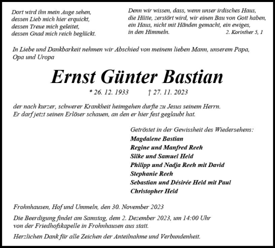 Traueranzeige von Ernst Günter Bastian von Dill Block