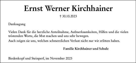 Traueranzeige von Ernst Werner Kirchhainer von Hinterländer Anzeiger
