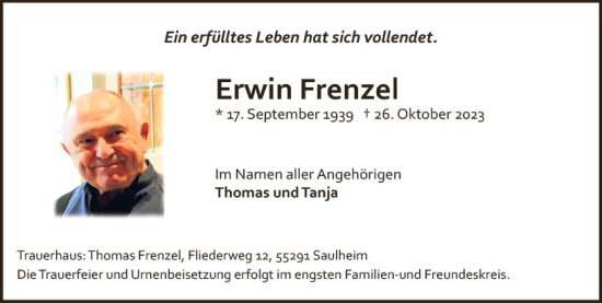 Traueranzeige von Erwin Frenzel von Allgemeine Zeitung Mainz