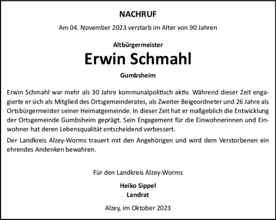 Traueranzeige von Erwin Schmahl von Allgemeine Zeitung Alzey