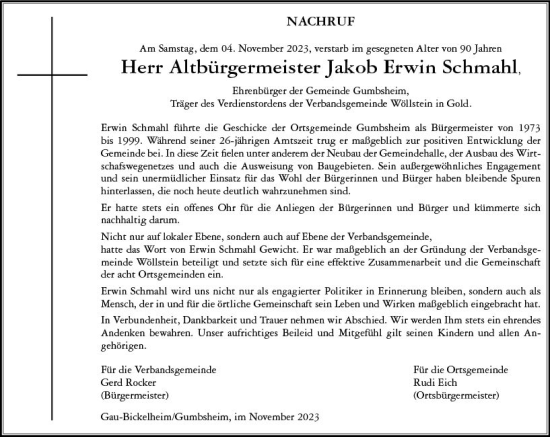 Traueranzeige von Erwin Schmahl von Allgemeine Zeitung Alzey