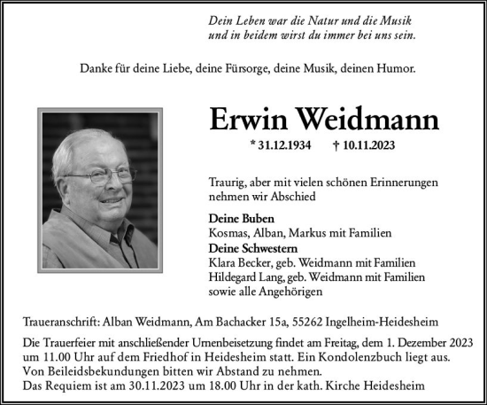 Traueranzeige von Erwin Weidmann von Allgemeine Zeitung Bingen/Ingelheim