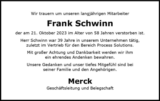 Traueranzeige von Frank Schwinn von Darmstädter Echo