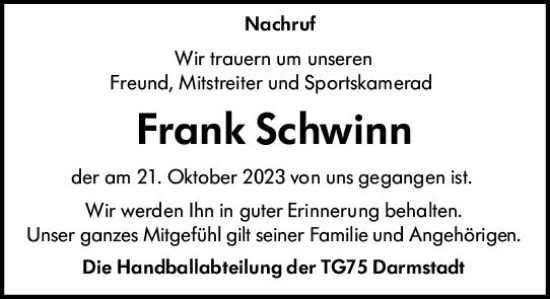 Traueranzeige von Frank Schwinn von Darmstädter Echo