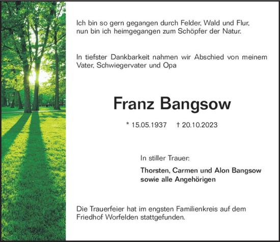 Traueranzeige von Franz Bangsow von Groß-Gerauer Echo