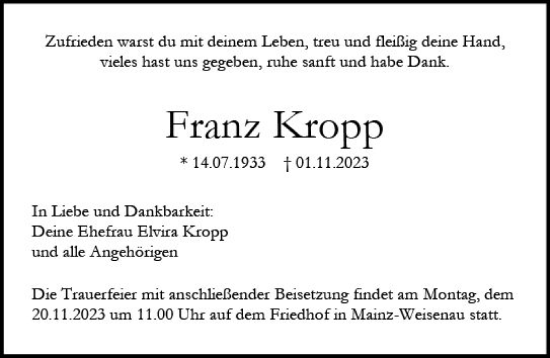 Traueranzeige von Franz Kropp von Allgemeine Zeitung Mainz