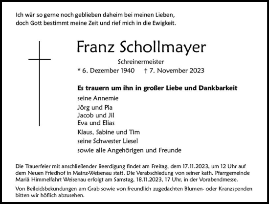 Traueranzeige von Franz Schollmayer von Allgemeine Zeitung Mainz