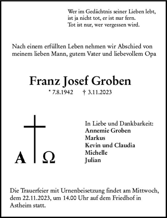 Traueranzeige von Franz Josef Groben von Rüsselsheimer Echo