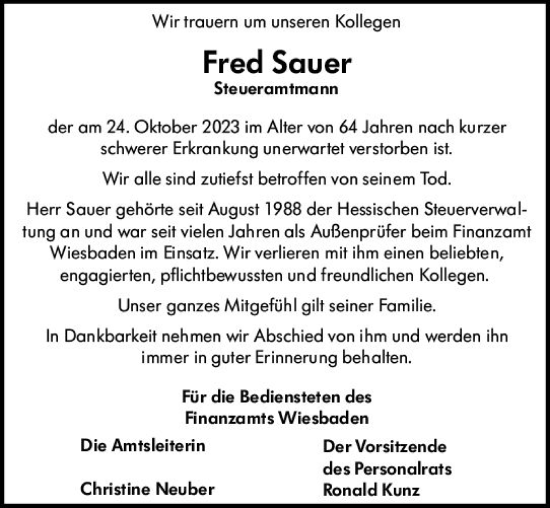 Traueranzeige von Fred Sauer von Wiesbadener Kurier