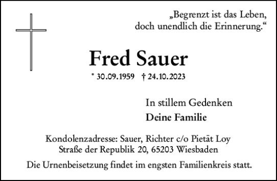 Traueranzeige von Fred Sauer von Wiesbadener Kurier