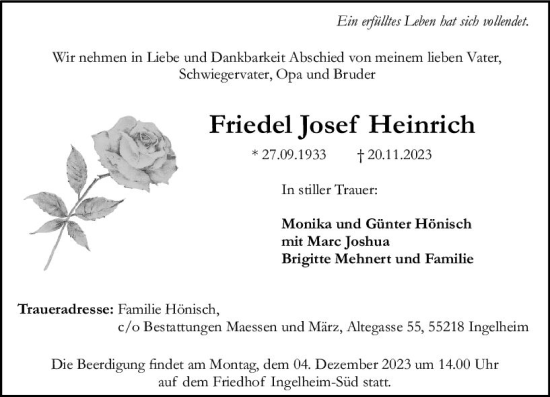 Traueranzeige von Friedel Josef Heinrich von Allgemeine Zeitung Bingen/Ingelheim