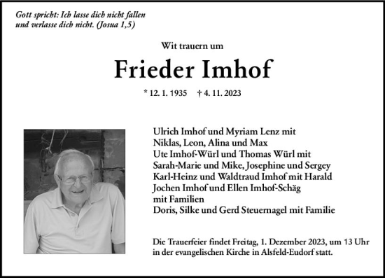 Traueranzeige von Frieder Imhof von VRM Trauer