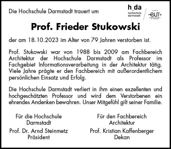 Traueranzeige von Frieder Stukowski von Darmstädter Echo