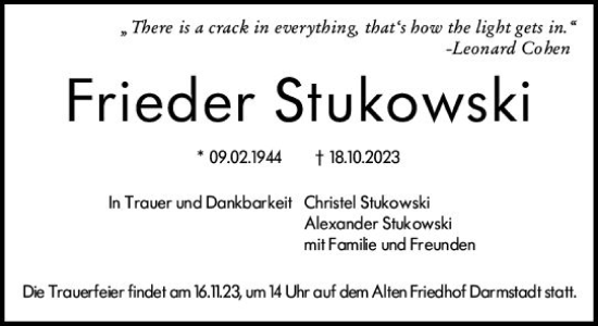 Traueranzeige von Frieder Stukowski von Darmstädter Echo