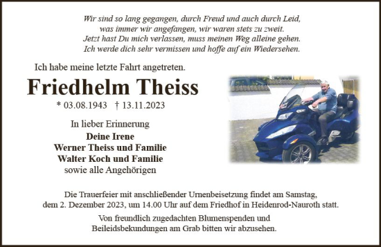 Traueranzeige von Friedhelm Theiss von Idsteiner Land/Untertaunus