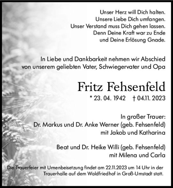 Traueranzeige von Fritz Fehsenfeld von Darmstädter Echo