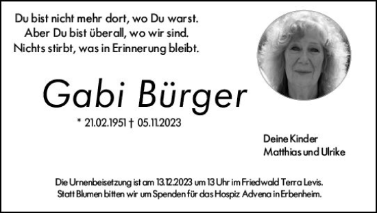 Traueranzeige von Gabi Bürger von Wiesbadener Kurier