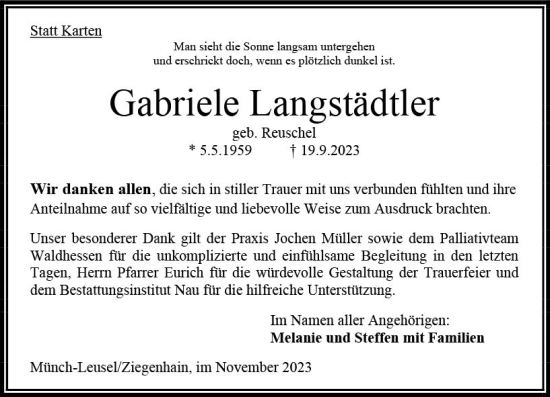 Traueranzeige von Gabriele Langstädtler von Oberhessen Kurier