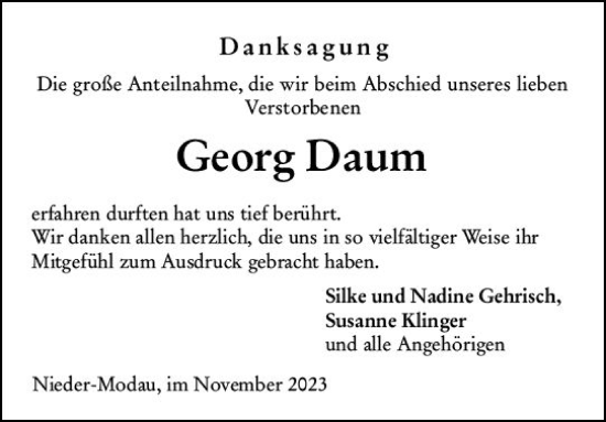 Traueranzeige von Georg Daum von Darmstädter Echo