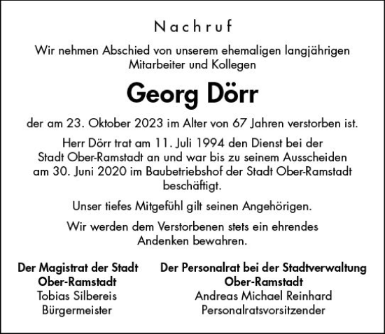 Traueranzeige von Georg Dörr von Darmstädter Echo