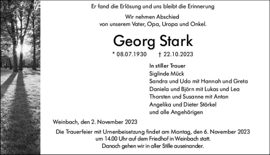 Traueranzeige von Georg Stark von Weilburger Tageblatt