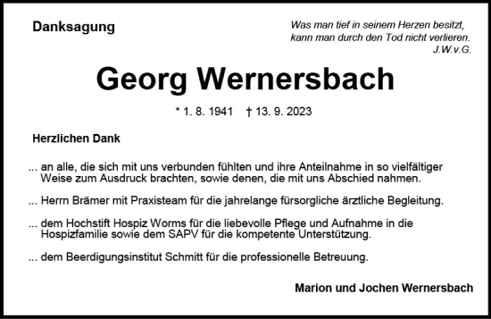 Traueranzeige von Georg Wernersbach von Wormser Zeitung