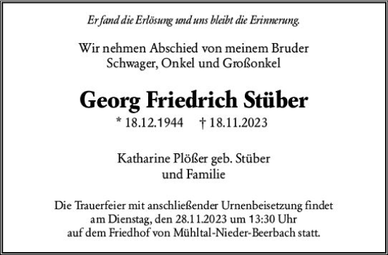 Traueranzeige von Georg Friedrich Stüber von Darmstädter Echo