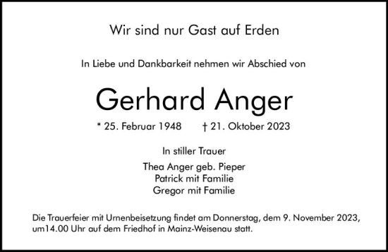 Traueranzeige von Gerhard Anger von Allgemeine Zeitung Mainz