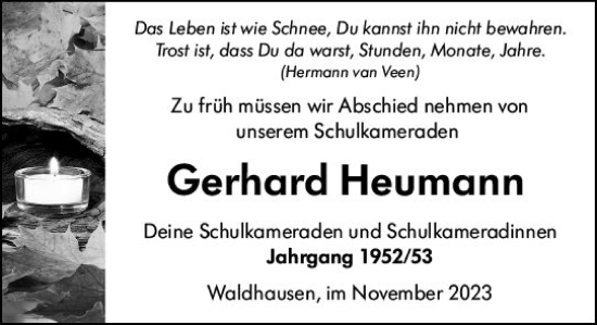 Traueranzeige von Gerhard Heumann von Weilburger Tageblatt