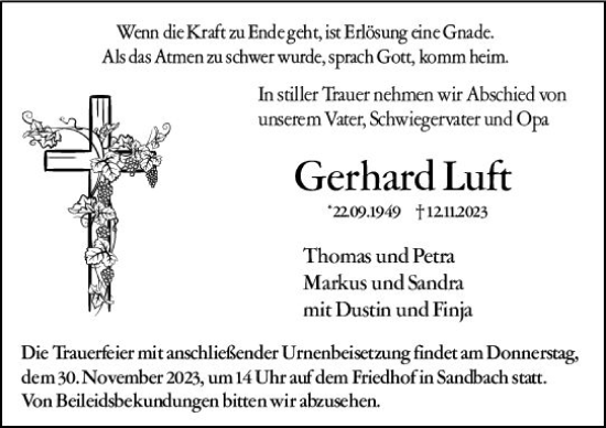 Traueranzeige von Gerhard Luft von Odenwälder Echo