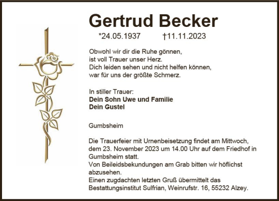 Traueranzeige von Gertrud Becker von Allgemeine Zeitung Alzey
