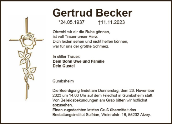 Traueranzeige von Gertrud Becker von Allgemeine Zeitung Bingen/Ingelheim