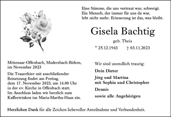 Traueranzeige von Gisela Bachtig von Dill Block