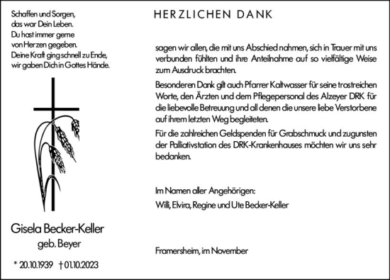 Traueranzeige von Gisela Becker-Keller von Allgemeine Zeitung Alzey