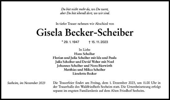 Traueranzeige von Gisela Becker-Scheiber von Darmstädter Echo