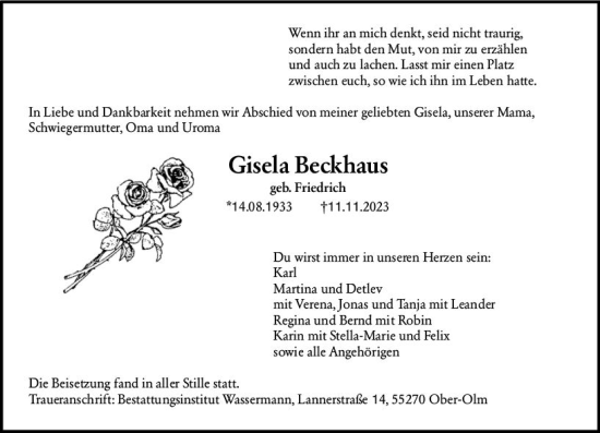Traueranzeige von Gisela Beckhaus von Allgemeine Zeitung Mainz