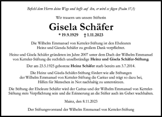 Traueranzeige von Gisela Schäfer von Allgemeine Zeitung Bingen/Ingelheim