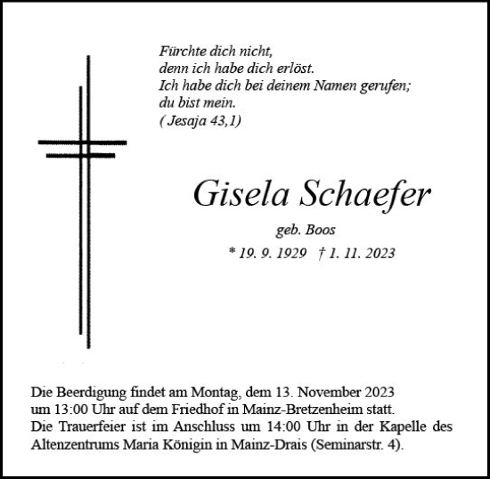 Traueranzeige von Gisela Schaefer von Allgemeine Zeitung Mainz