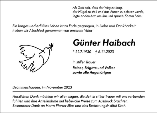 Traueranzeige von Günter Haibach von Weilburger Tageblatt