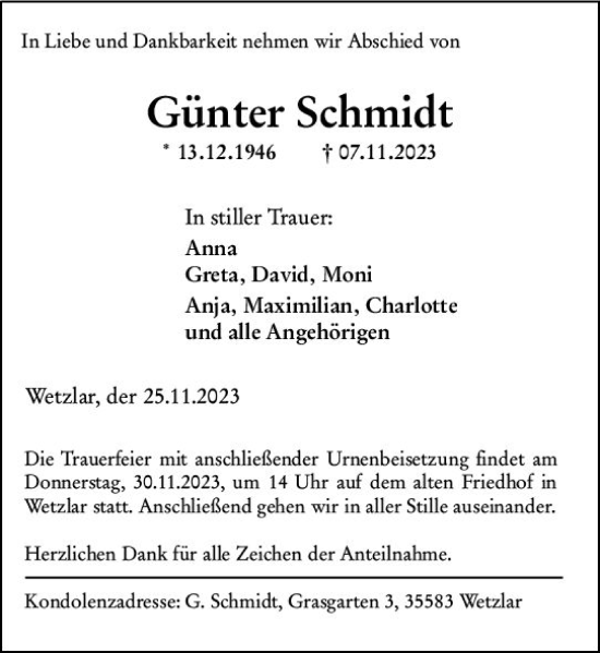 Traueranzeige von Günter Schmidt von Wetzlarer Neue Zeitung