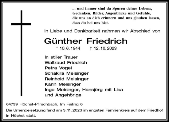 Traueranzeige von Günther Friedrich von Odenwälder Echo