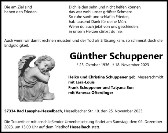 Traueranzeige von Günther Schuppener von Hinterländer Anzeiger