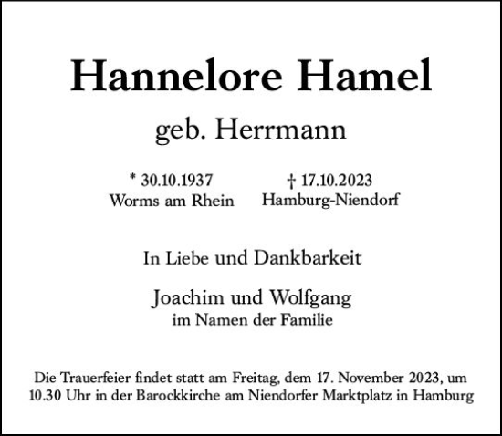 Traueranzeige von Hannelore Hamel von Wormser Zeitung
