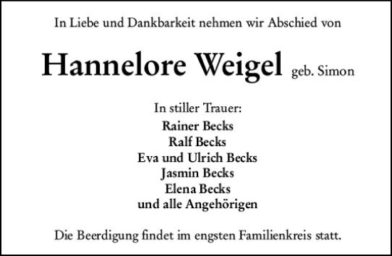 Traueranzeige von Hannelore Weigel von Dill Block