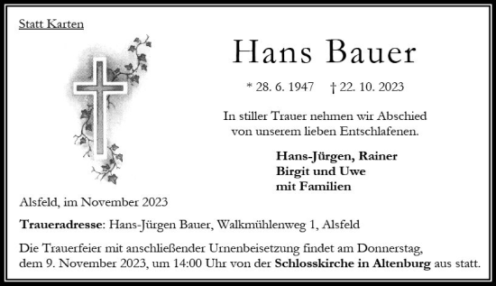 Traueranzeige von Hans Bauer von VRM Trauer
