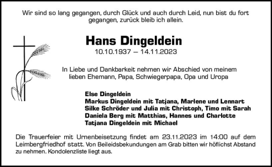 Traueranzeige von Hans Dingeldein von Odenwälder Echo