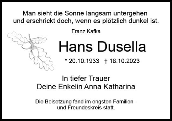 Traueranzeige von Hans Dusella von Dieburger Anzeiger/Groß-Zimmerner Lokal-Anzeiger