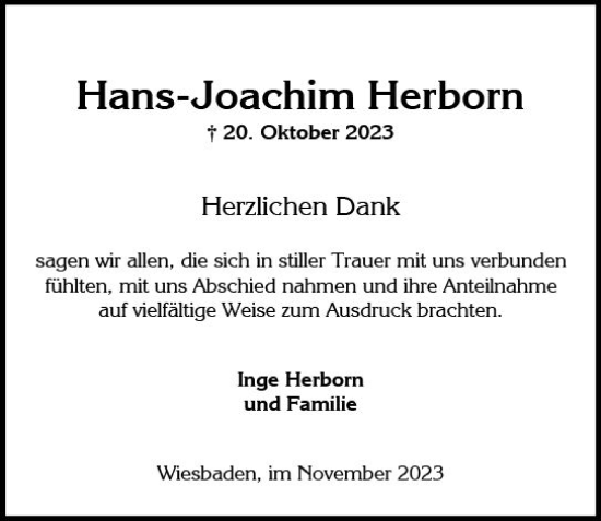 Traueranzeige von Hans-Joachim Herborn von Wiesbadener Kurier