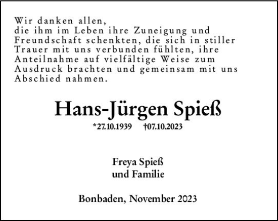 Traueranzeige von Hans-Jürgen Spieß von Wetzlarer Neue Zeitung